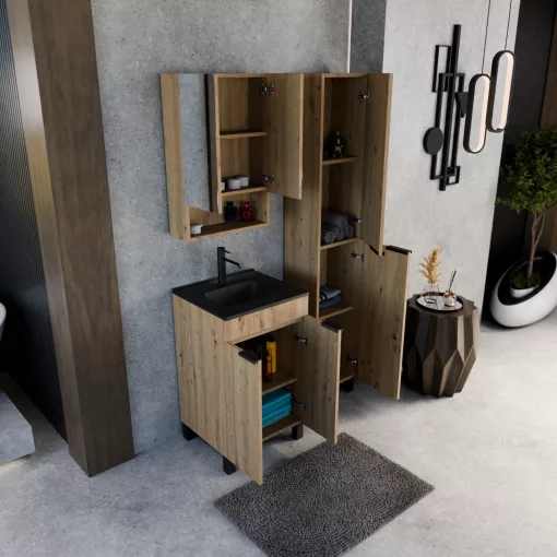 HD Paris Oak 50 komplett fürdőszoba bútor álló mosdószekrénnyel, matt fekete elemekkel, matt fekete slim mosdóval és tükrös szekrénnyel