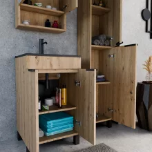 HD Paris Oak 50 komplett fürdőszoba bútor szett álló mosdószekrénnyel, matt fekete elemekkel, matt fekete slim mosdóval, tükrös szekrénnyel és magasszekrénnyel