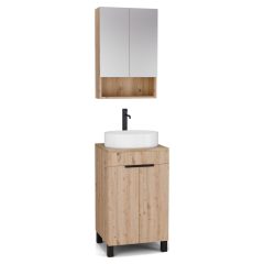   HD Paris Oak 50 komplett fürdőszoba bútor álló mosdószekrénnyel, matt fekete elemekkel, tölgyfa színű mosdópulttal és tükrös szekrénnyel