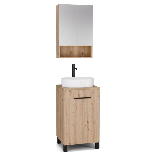 HD Paris Oak 50 komplett fürdőszoba bútor álló mosdószekrénnyel, matt fekete elemekkel, tölgyfa színű mosdópulttal és tükrös szekrénnyel