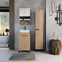 HD Paris Oak 50 komplett fürdőszoba bútor álló mosdószekrénnyel, matt fekete elemekkel, tölgyfa színű mosdópulttal és tükrös szekrénnyel