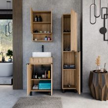 HD Paris Oak 50 komplett fürdőszoba bútor álló mosdószekrénnyel, matt fekete elemekkel, tölgyfa színű mosdópulttal és tükrös szekrénnyel