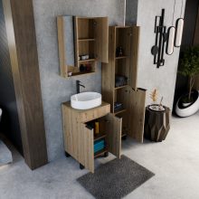 HD Paris Oak 50 komplett fürdőszoba bútor álló mosdószekrénnyel, matt fekete elemekkel, tölgyfa színű mosdópulttal és tükrös szekrénnyel