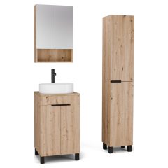   HD Paris Oak 50 komplett fürdőszoba bútor szett álló mosdószekrénnyel, matt fekete elemekkel, tölgyfa színű mosdópulttal, tükrös szekrénnyel és magasszekrénnyel