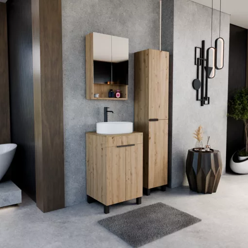 HD Paris Oak 50 komplett fürdőszoba bútor szett álló mosdószekrénnyel, matt fekete elemekkel, tölgyfa színű mosdópulttal, tükrös szekrénnyel és magasszekrénnyel