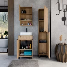 HD Paris Oak 50 komplett fürdőszoba bútor szett álló mosdószekrénnyel, matt fekete elemekkel, tölgyfa színű mosdópulttal, tükrös szekrénnyel és magasszekrénnyel