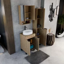 HD Paris Oak 50 komplett fürdőszoba bútor szett álló mosdószekrénnyel, matt fekete elemekkel, tölgyfa színű mosdópulttal, tükrös szekrénnyel és magasszekrénnyel