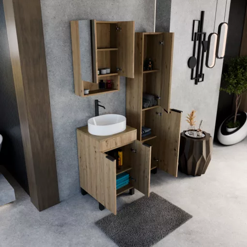 HD Paris Oak 50 komplett fürdőszoba bútor szett álló mosdószekrénnyel, matt fekete elemekkel, tölgyfa színű mosdópulttal, tükrös szekrénnyel és magasszekrénnyel