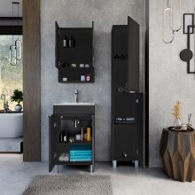 HD Paris Matt Black 50 komplett fürdőszoba bútor álló mosdószekrénnyel, fényes króm elemekkel, fényes fehér slim mosdóval és tükrös szekrénnyel