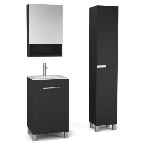 HD Paris Matt Black 50 komplett fürdőszoba bútor szett álló mosdószekrénnyel, fényes króm elemekkel, fényes fehér slim mosdóval, tükrös szekrénnyel és magasszekrénnyel