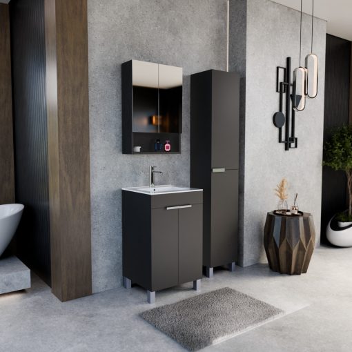 HD Paris Matt Black 50 komplett fürdőszoba bútor szett álló mosdószekrénnyel, fényes króm elemekkel, fényes fehér slim mosdóval, tükrös szekrénnyel és magasszekrénnyel