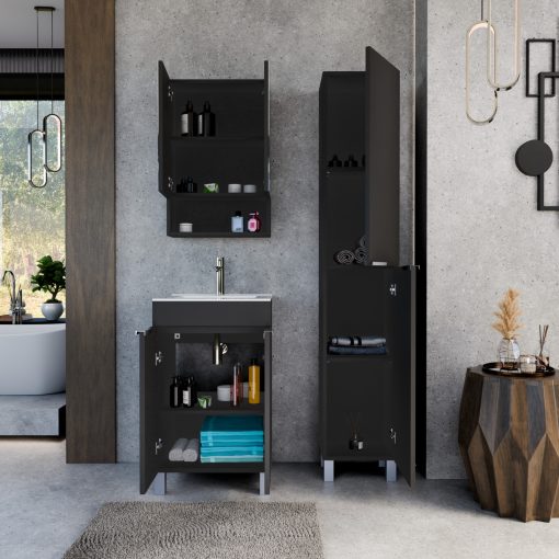 HD Paris Matt Black 50 komplett fürdőszoba bútor szett álló mosdószekrénnyel, fényes króm elemekkel, fényes fehér slim mosdóval, tükrös szekrénnyel és magasszekrénnyel