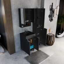 HD Paris Matt Black 50 komplett fürdőszoba bútor álló mosdószekrénnyel, fényes króm elemekkel, matt fekete slim mosdóval és tükrös szekrénnyel