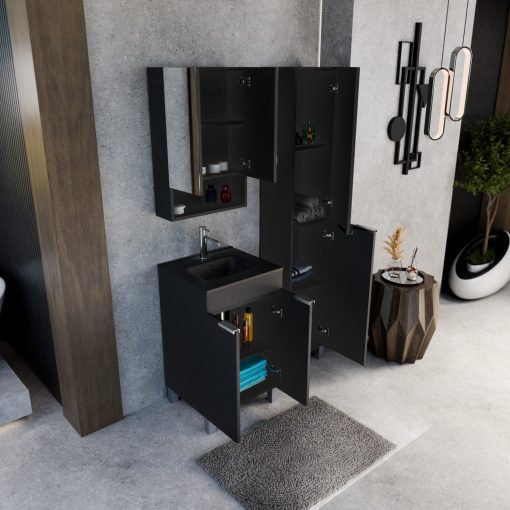 HD Paris Matt Black 50 komplett fürdőszoba bútor álló mosdószekrénnyel, fényes króm elemekkel, matt fekete slim mosdóval és tükrös szekrénnyel