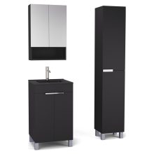 HD Paris Matt Black 50 komplett fürdőszoba bútor szett álló mosdószekrénnyel, fényes króm elemekkel, matt fekete slim mosdóval, tükrös szekrénnyel és magasszekrénnyel