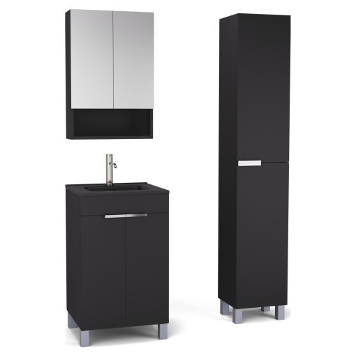 HD Paris Matt Black 50 komplett fürdőszoba bútor szett álló mosdószekrénnyel, fényes króm elemekkel, matt fekete slim mosdóval, tükrös szekrénnyel és magasszekrénnyel