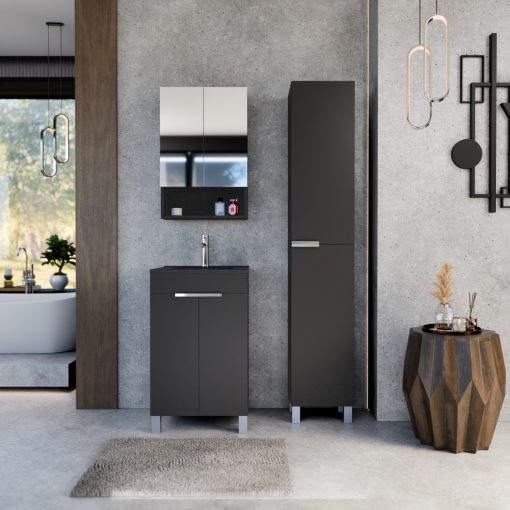 HD Paris Matt Black 50 komplett fürdőszoba bútor szett álló mosdószekrénnyel, fényes króm elemekkel, matt fekete slim mosdóval, tükrös szekrénnyel és magasszekrénnyel