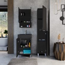 HD Paris Matt Black 50 komplett fürdőszoba bútor szett álló mosdószekrénnyel, fényes króm elemekkel, matt fekete slim mosdóval, tükrös szekrénnyel és magasszekrénnyel