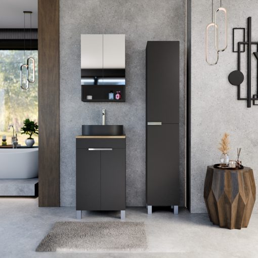 HD Paris Matt Black 50 komplett fürdőszoba bútor szett álló mosdószekrénnyel, fényes króm elemekkel, tölgyfa színű mosdópulttal, tükrös szekrénnyel és magasszekrénnyel