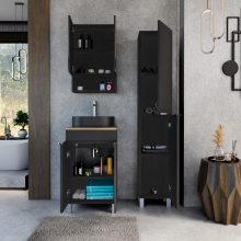 HD Paris Matt Black 50 komplett fürdőszoba bútor szett álló mosdószekrénnyel, fényes króm elemekkel, tölgyfa színű mosdópulttal, tükrös szekrénnyel és magasszekrénnyel