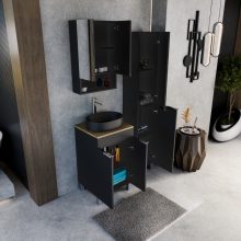 HD Paris Matt Black 50 komplett fürdőszoba bútor szett álló mosdószekrénnyel, fényes króm elemekkel, tölgyfa színű mosdópulttal, tükrös szekrénnyel és magasszekrénnyel