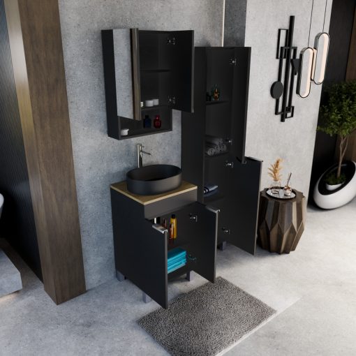 HD Paris Matt Black 50 komplett fürdőszoba bútor szett álló mosdószekrénnyel, fényes króm elemekkel, tölgyfa színű mosdópulttal, tükrös szekrénnyel és magasszekrénnyel