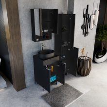 HD Paris Matt Black 50 komplett fürdőszoba bútor álló mosdószekrénnyel, fényes króm elemekkel, fekete mosdópulttal és tükrös szekrénnyel