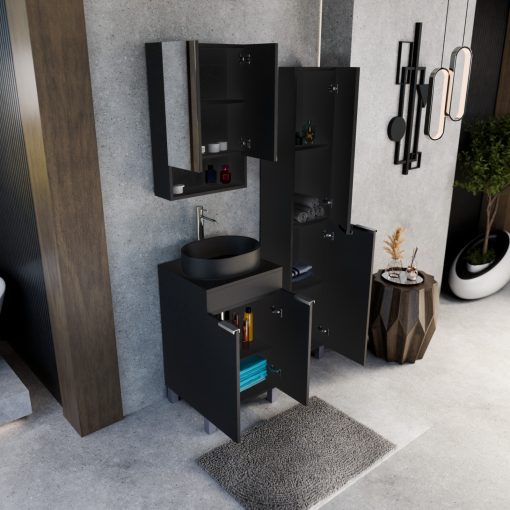 HD Paris Matt Black 50 komplett fürdőszoba bútor álló mosdószekrénnyel, fényes króm elemekkel, fekete mosdópulttal és tükrös szekrénnyel