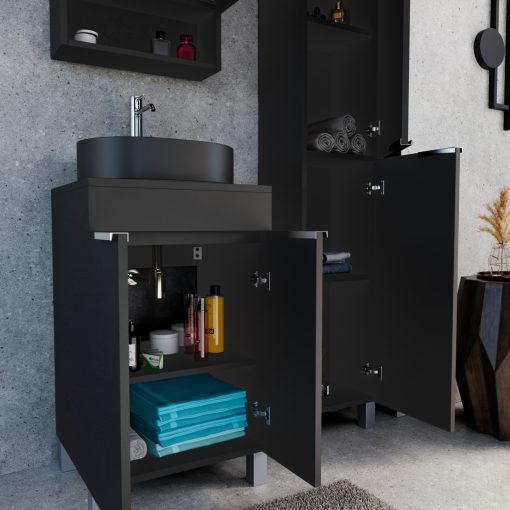 HD Paris Matt Black 50 komplett fürdőszoba bútor álló mosdószekrénnyel, fényes króm elemekkel, fekete mosdópulttal és tükrös szekrénnyel