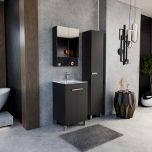 HD Paris Matt Black 50 komplett fürdőszoba bútor szett álló mosdószekrénnyel, szálcsiszolt króm elemekkel, fényes fehér slim mosdóval, tükrös szekrénnyel és magasszekrénnyel