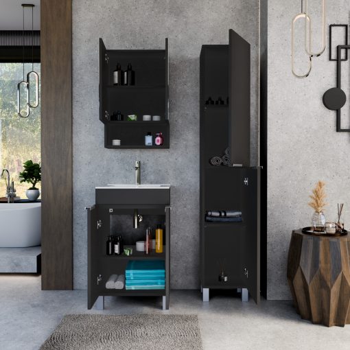 HD Paris Matt Black 50 komplett fürdőszoba bútor szett álló mosdószekrénnyel, szálcsiszolt króm elemekkel, fényes fehér slim mosdóval, tükrös szekrénnyel és magasszekrénnyel