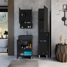 HD Paris Matt Black 50 komplett fürdőszoba bútor álló mosdószekrénnyel, szálcsiszolt króm elemekkel, matt fekete slim mosdóval és tükrös szekrénnyel