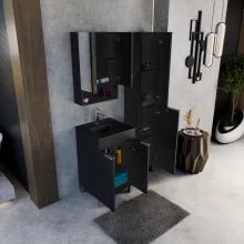 HD Paris Matt Black 50 komplett fürdőszoba bútor álló mosdószekrénnyel, szálcsiszolt króm elemekkel, matt fekete slim mosdóval és tükrös szekrénnyel