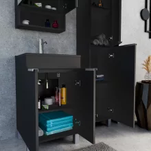 HD Paris Matt Black 50 komplett fürdőszoba bútor álló mosdószekrénnyel, szálcsiszolt króm elemekkel, matt fekete slim mosdóval és tükrös szekrénnyel