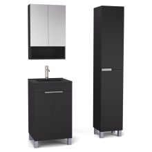 HD Paris Matt Black 50 komplett fürdőszoba bútor szett álló mosdószekrénnyel, szálcsiszolt króm elemekkel, matt fekete slim mosdóval, tükrös szekrénnyel és magasszekrénnyel