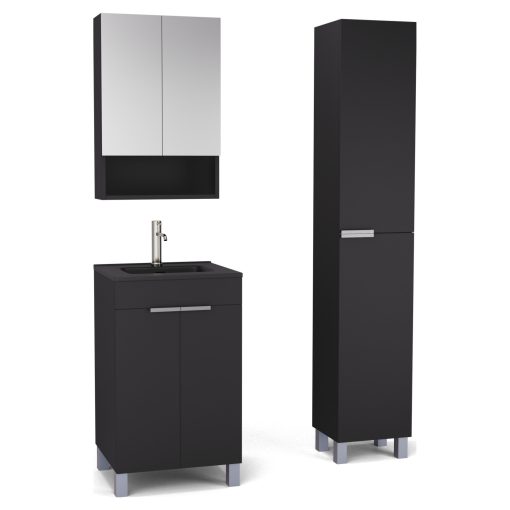 HD Paris Matt Black 50 komplett fürdőszoba bútor szett álló mosdószekrénnyel, szálcsiszolt króm elemekkel, matt fekete slim mosdóval, tükrös szekrénnyel és magasszekrénnyel