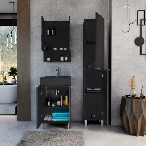 HD Paris Matt Black 50 komplett fürdőszoba bútor szett álló mosdószekrénnyel, szálcsiszolt króm elemekkel, matt fekete slim mosdóval, tükrös szekrénnyel és magasszekrénnyel