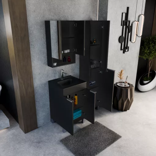 HD Paris Matt Black 50 komplett fürdőszoba bútor szett álló mosdószekrénnyel, szálcsiszolt króm elemekkel, matt fekete slim mosdóval, tükrös szekrénnyel és magasszekrénnyel