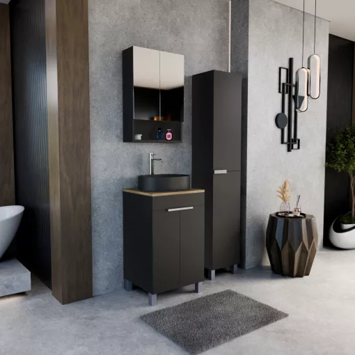 HD Paris Matt Black 50 komplett fürdőszoba bútor szett álló mosdószekrénnyel, szálcsiszolt króm elemekkel, tölgyfa színű mosdópulttal, tükrös szekrénnyel és magasszekrénnyel