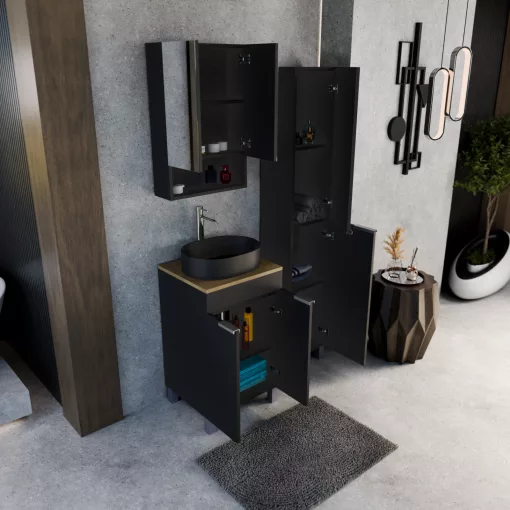 HD Paris Matt Black 50 komplett fürdőszoba bútor szett álló mosdószekrénnyel, szálcsiszolt króm elemekkel, tölgyfa színű mosdópulttal, tükrös szekrénnyel és magasszekrénnyel