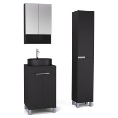   HD Paris Matt Black 50 komplett fürdőszoba bútor szett álló mosdószekrénnyel, szálcsiszolt króm elemekkel, fekete mosdópulttal, tükrös szekrénnyel és magasszekrénnyel