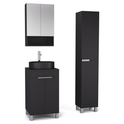 HD Paris Matt Black 50 komplett fürdőszoba bútor szett álló mosdószekrénnyel, szálcsiszolt króm elemekkel, fekete mosdópulttal, tükrös szekrénnyel és magasszekrénnyel