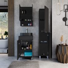 HD Paris Matt Black 50 komplett fürdőszoba bútor szett álló mosdószekrénnyel, szálcsiszolt króm elemekkel, fekete mosdópulttal, tükrös szekrénnyel és magasszekrénnyel