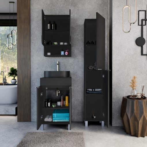 HD Paris Matt Black 50 komplett fürdőszoba bútor szett álló mosdószekrénnyel, szálcsiszolt króm elemekkel, fekete mosdópulttal, tükrös szekrénnyel és magasszekrénnyel