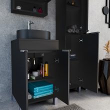 HD Paris Matt Black 50 komplett fürdőszoba bútor szett álló mosdószekrénnyel, szálcsiszolt króm elemekkel, fekete mosdópulttal, tükrös szekrénnyel és magasszekrénnyel