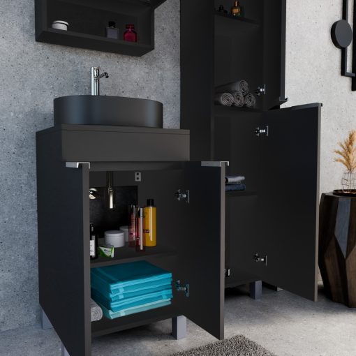 HD Paris Matt Black 50 komplett fürdőszoba bútor szett álló mosdószekrénnyel, szálcsiszolt króm elemekkel, fekete mosdópulttal, tükrös szekrénnyel és magasszekrénnyel