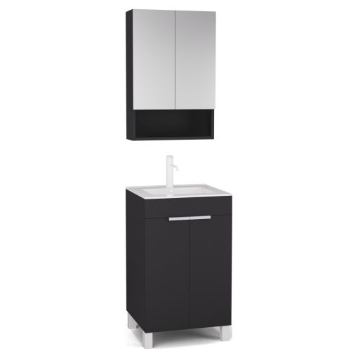 HD Paris Matt Black 50 komplett fürdőszoba bútor álló mosdószekrénnyel, matt fehér elemekkel, fényes fehér slim mosdóval és tükrös szekrénnyel