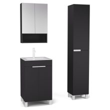 HD Paris Matt Black 50 komplett fürdőszoba bútor szett álló mosdószekrénnyel, matt fehér elemekkel, fényes fehér slim mosdóval, tükrös szekrénnyel és magasszekrénnyel
