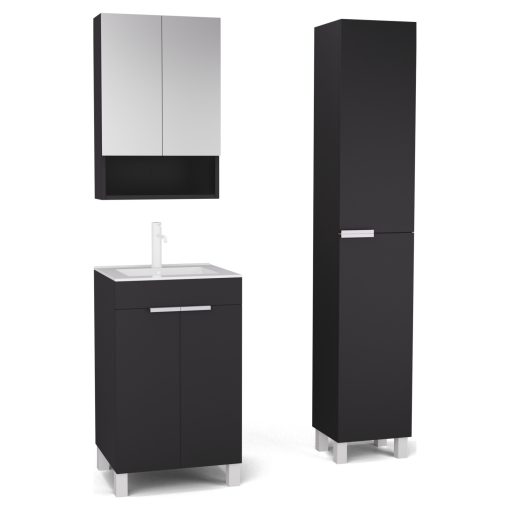 HD Paris Matt Black 50 komplett fürdőszoba bútor szett álló mosdószekrénnyel, matt fehér elemekkel, fényes fehér slim mosdóval, tükrös szekrénnyel és magasszekrénnyel