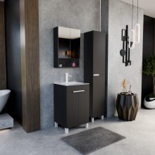 HD Paris Matt Black 50 komplett fürdőszoba bútor szett álló mosdószekrénnyel, matt fehér elemekkel, fényes fehér slim mosdóval, tükrös szekrénnyel és magasszekrénnyel